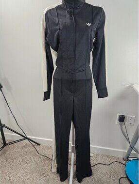 Adidas Black and Cream Track Suit Jumpsuit with Zip Front